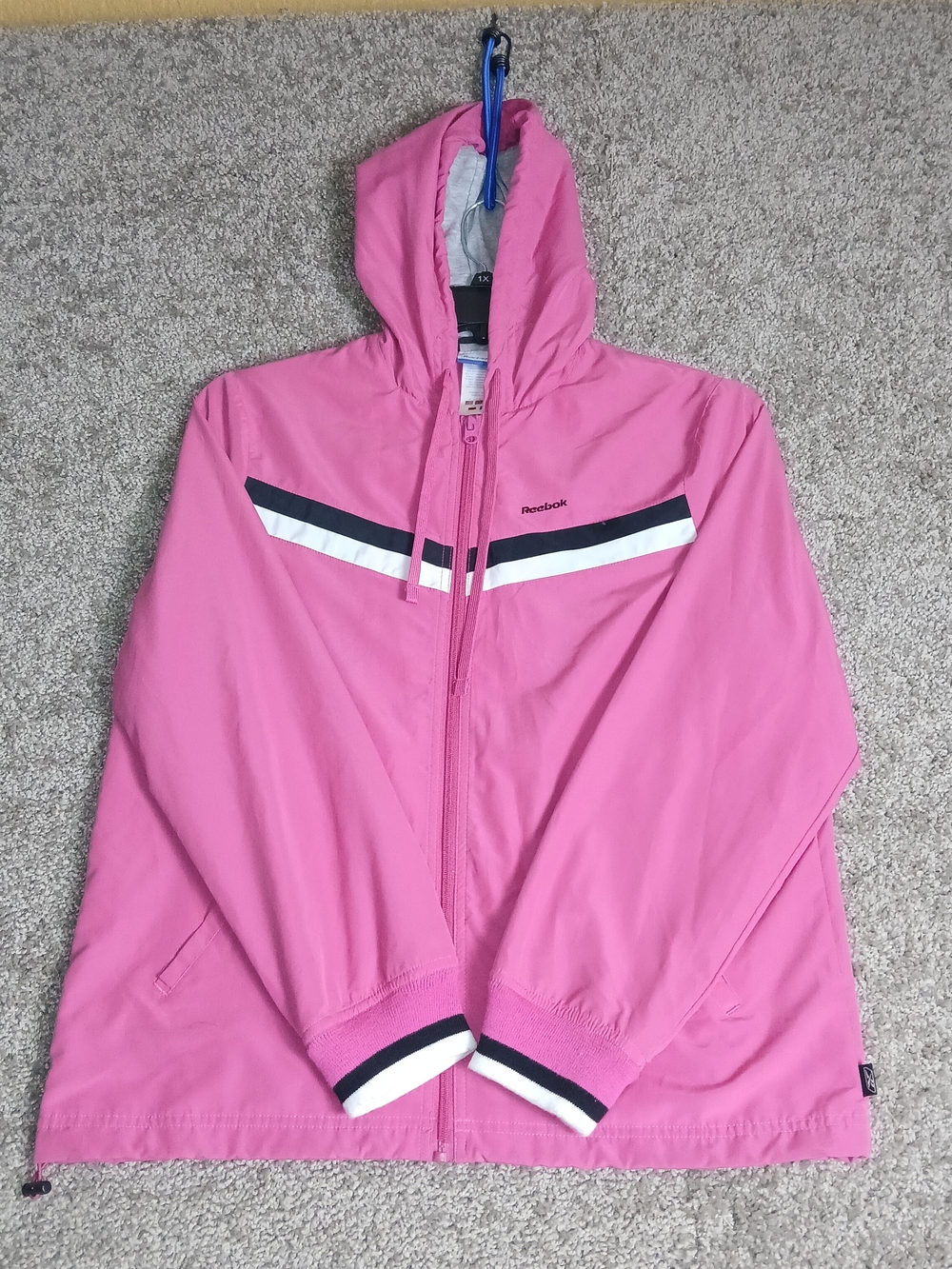Reebok Pink‎ Hooded Light Windbreaker Jacket with Stripes for Women - Medium